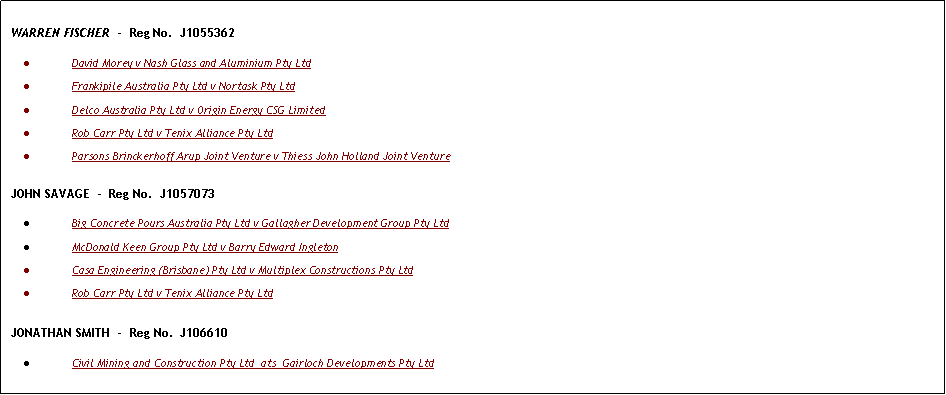 Text Box: WARREN FISCHER  -  Reg No.  J1055362David Morey v Nash Glass and Aluminium Pty LtdFrankipile Australia Pty Ltd v Nortask Pty LtdDelco Australia Pty Ltd v Origin Energy CSG LimitedRob Carr Pty Ltd v Tenix Alliance Pty LtdParsons Brinckerhoff Arup Joint Venture v Thiess John Holland Joint VentureJOHN SAVAGE  -  Reg No.  J1057073Big Concrete Pours Australia Pty Ltd v Gallagher Development Group Pty LtdMcDonald Keen Group Pty Ltd v Barry Edward IngletonCasa Engineering (Brisbane) Pty Ltd v Multiplex Constructions Pty LtdRob Carr Pty Ltd v Tenix Alliance Pty LtdJONATHAN SMITH  -  Reg No.  J106610Civil Mining and Construction Pty Ltd  ats  Gairloch Developments Pty Ltd